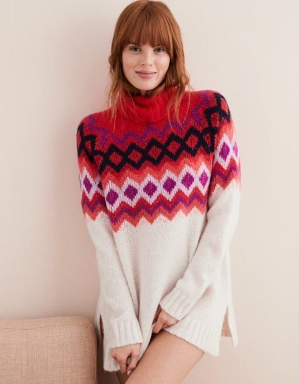 Aerie Fair Isle Turtleneck Sweater Small Red White Nordic Wool Blend